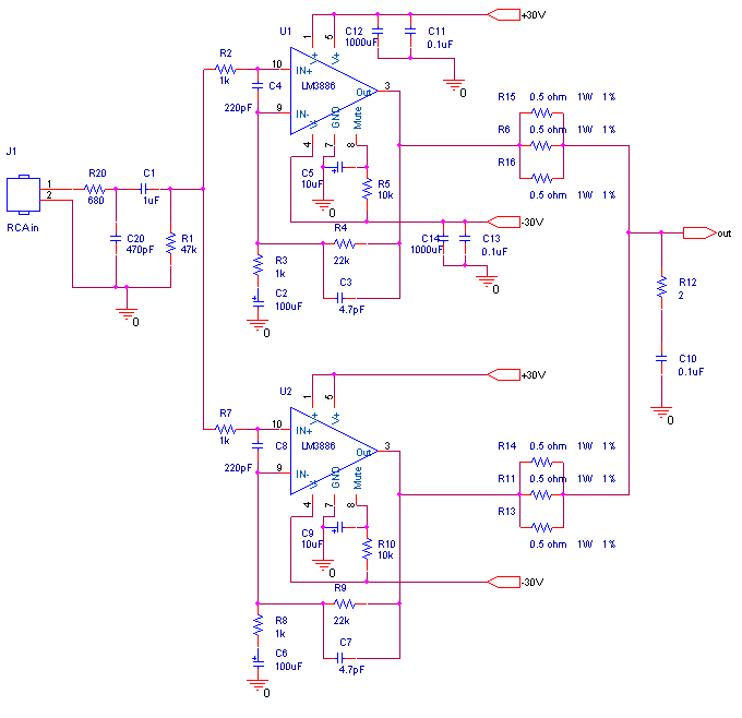 Схема усилителя на LM3886